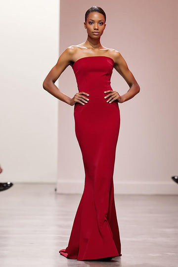 Robe de soirée longue sirène en satin rouge simple